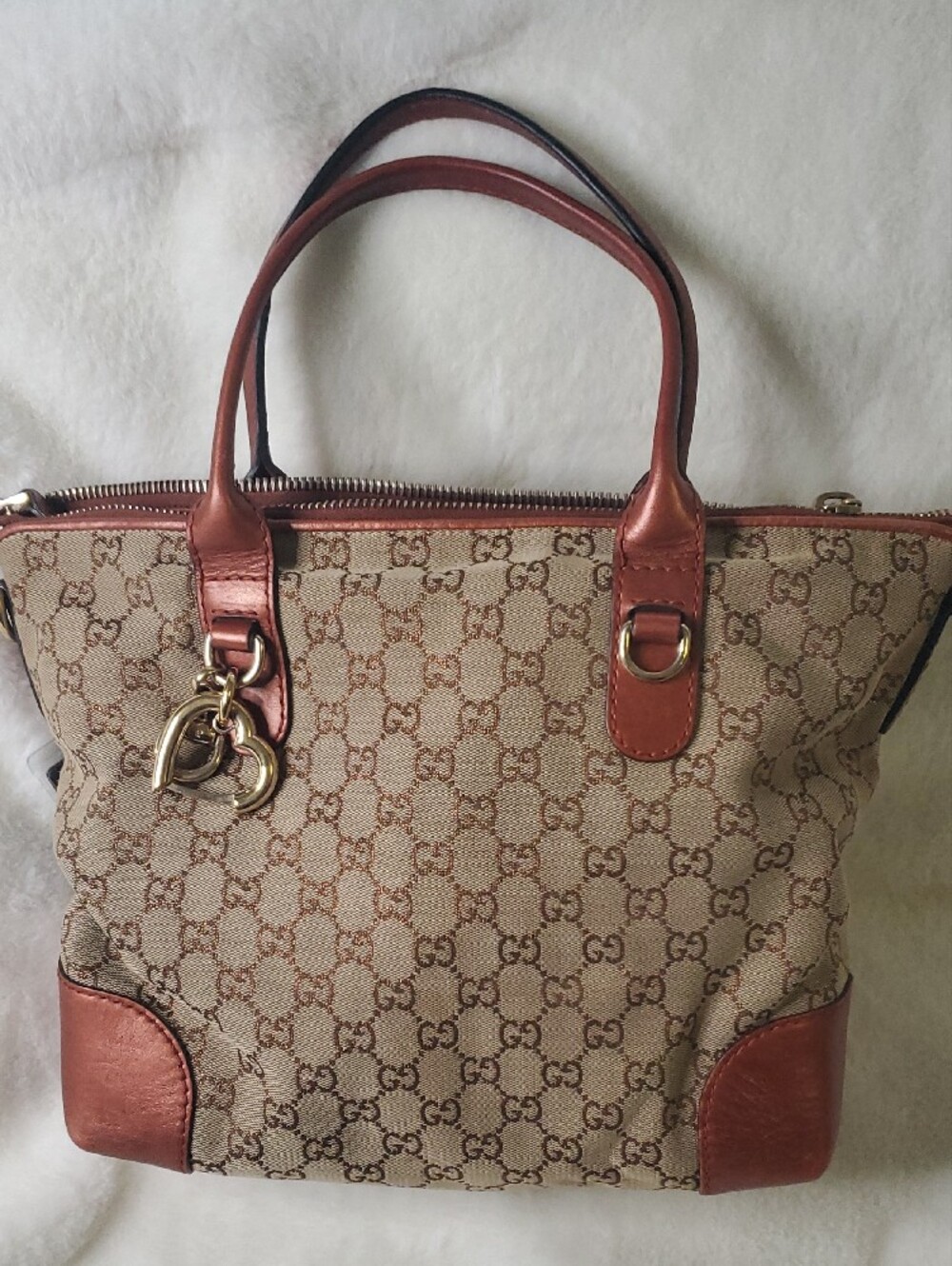 Gucci Beige GG Canvas Tote with Brown Leather Trim and Gold Hardware